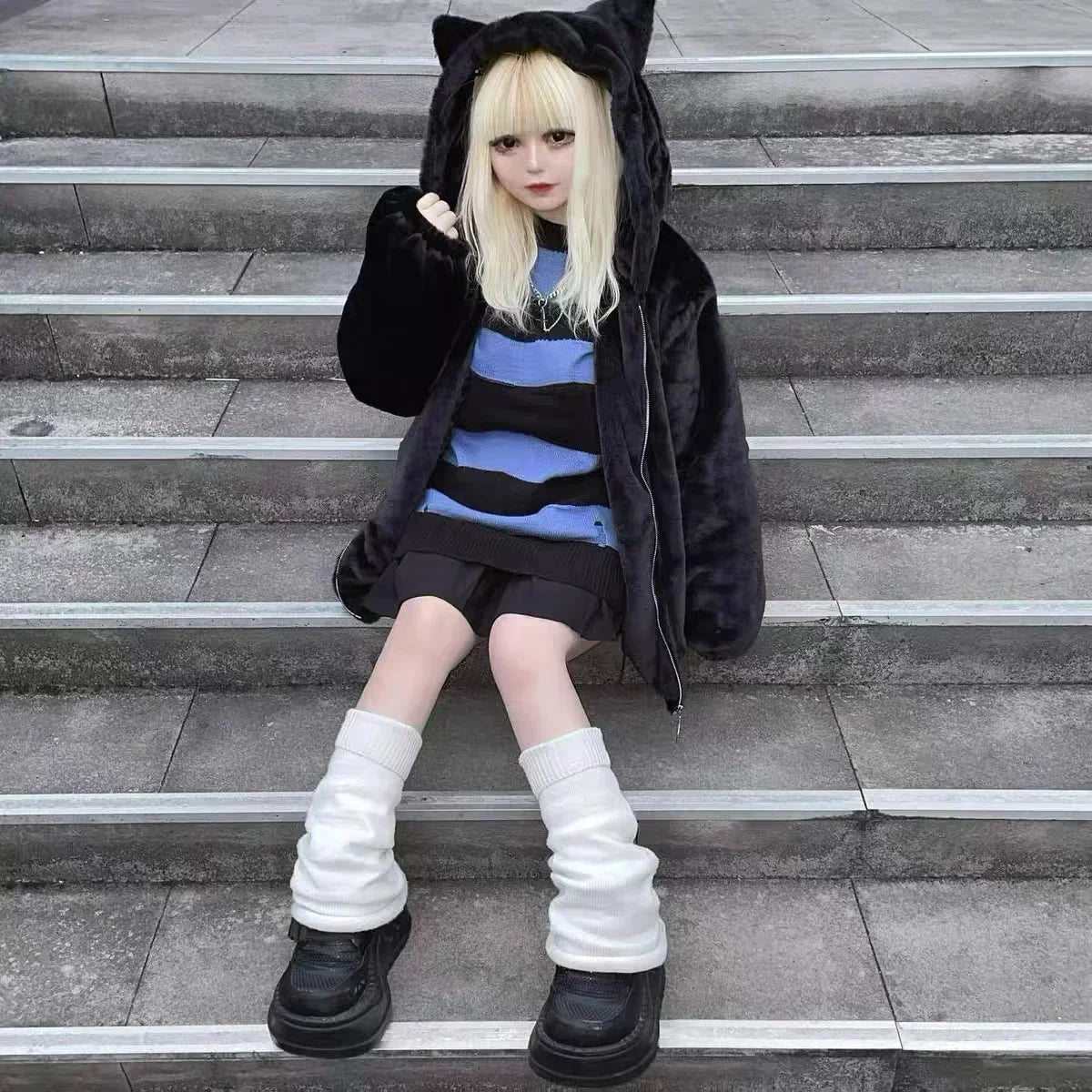 2024 Winter Cute Cat Ears Plush Hoodies Jacket Sister Sweet Lolita Clothes Mine Japanese Subculture Imitation Rabbit Fur Coat