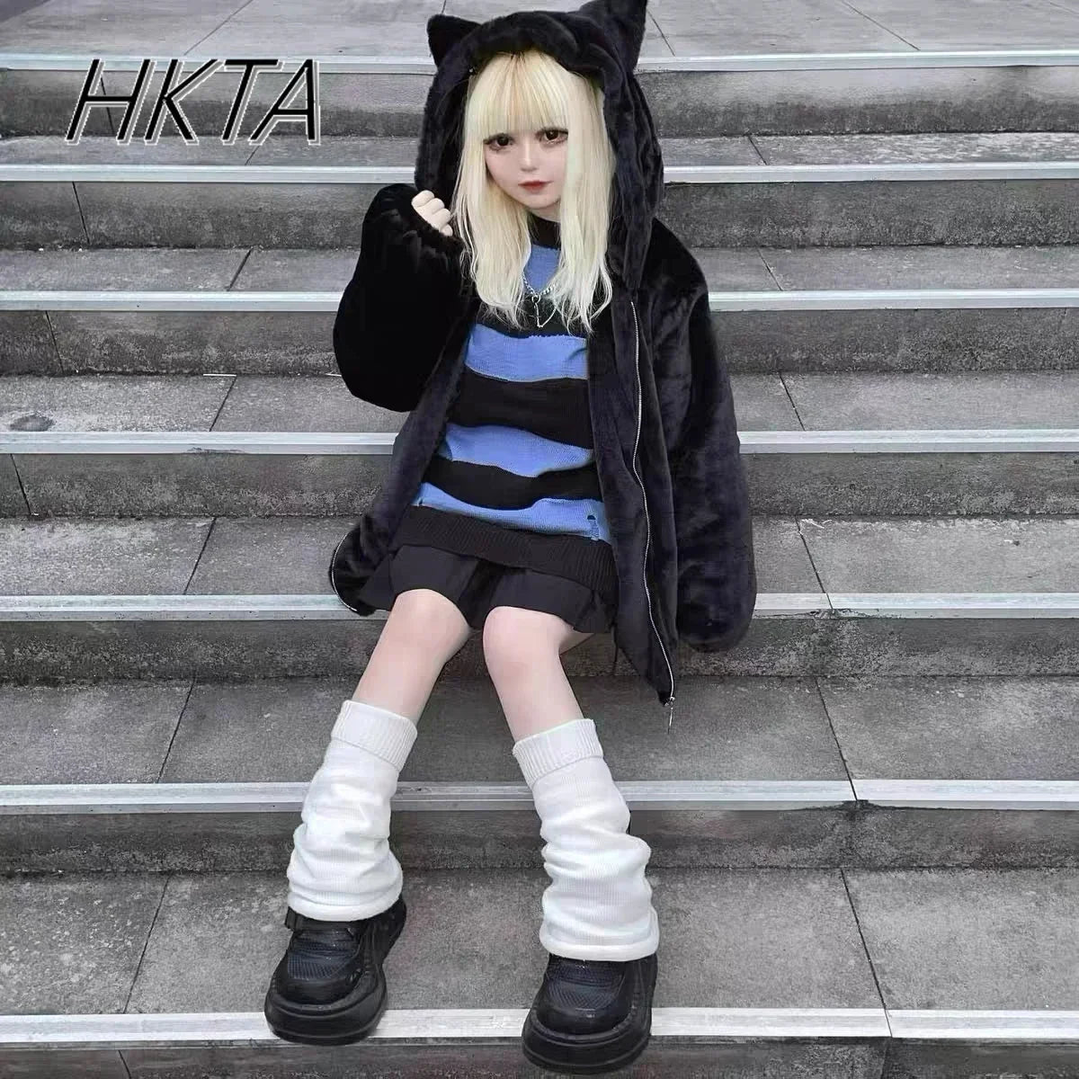 2024 Winter Cute Cat Ears Plush Hoodies Jacket Sister Sweet Lolita Clothes Mine Japanese Subculture Imitation Rabbit Fur Coat