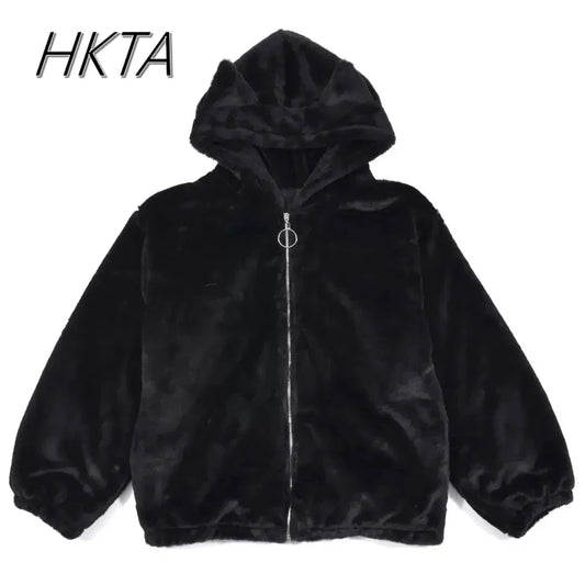 2024 Winter Cute Cat Ears Plush Hoodies Jacket Sister Sweet Lolita Clothes Mine Japanese Subculture Imitation Rabbit Fur Coat