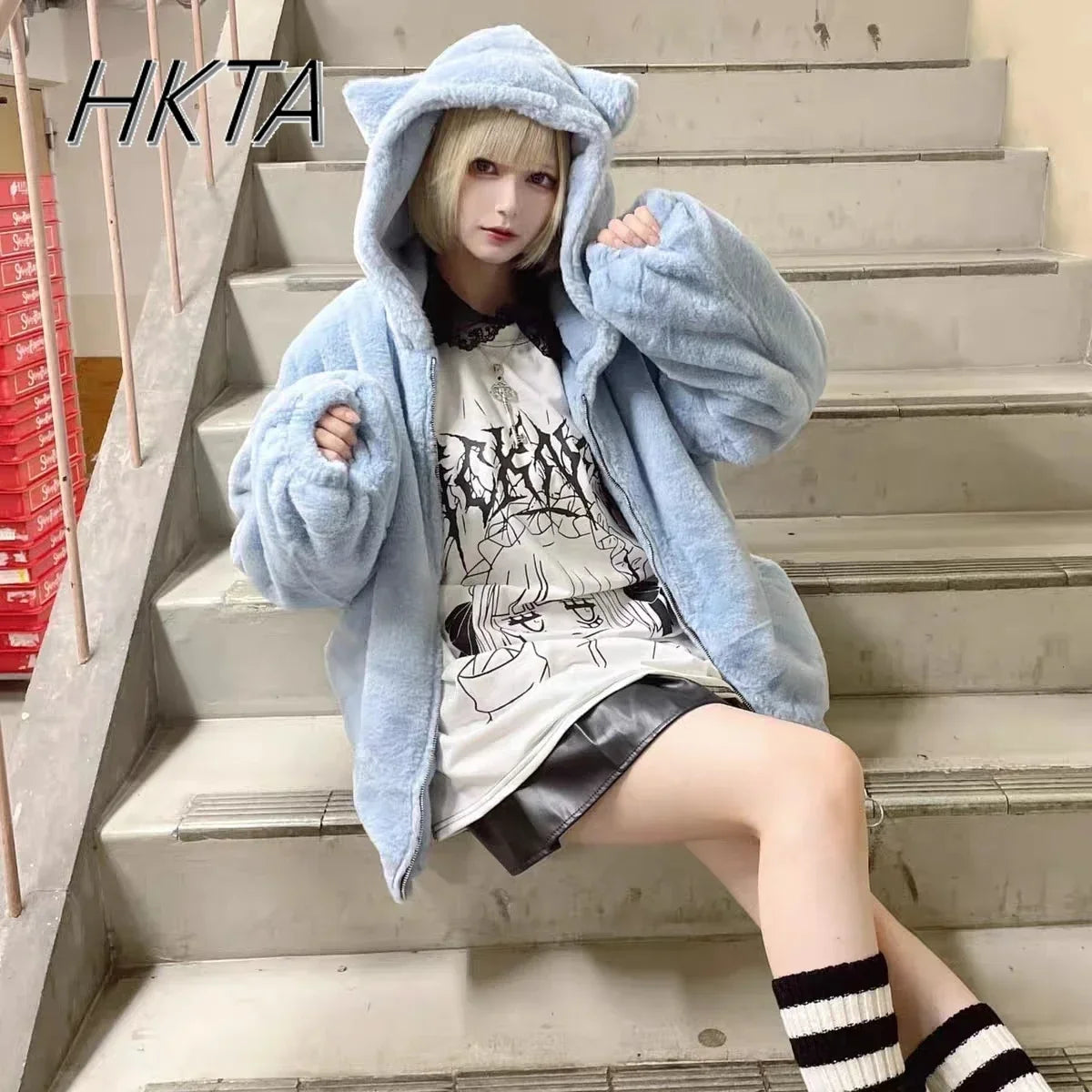 2024 Winter Cute Cat Ears Plush Hoodies Jacket Sister Sweet Lolita Clothes Mine Japanese Subculture Imitation Rabbit Fur Coat