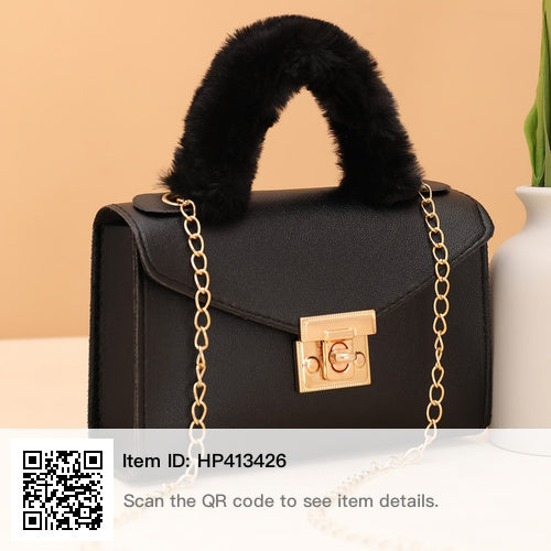 Autumn Winter Soft Plush Faux Fur Handbag with Detachable Chain Strap & Wrist Lock Closure - Small Square Handbag for Daily Shopping, White/Black, Small Handbag, Versatile Fashion Accessory, Goldtone Hardware
